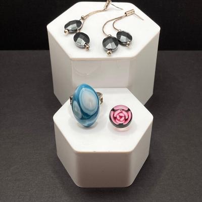 LOT 81: Unique Find - Egyptian Theme Colorful Inlay Box, Frosted Pink Heart Shaped Glass Ring Holder with Collection of Jewelry