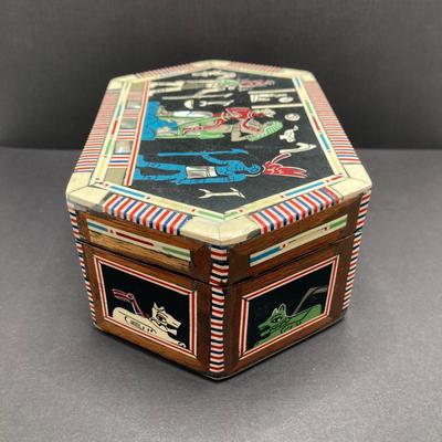 LOT 81: Unique Find - Egyptian Theme Colorful Inlay Box, Frosted Pink Heart Shaped Glass Ring Holder with Collection of Jewelry