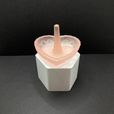 LOT 81: Unique Find - Egyptian Theme Colorful Inlay Box, Frosted Pink Heart Shaped Glass Ring Holder with Collection of Jewelry