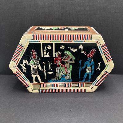 LOT 81: Unique Find - Egyptian Theme Colorful Inlay Box, Frosted Pink Heart Shaped Glass Ring Holder with Collection of Jewelry