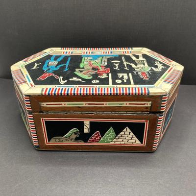 LOT 81: Unique Find - Egyptian Theme Colorful Inlay Box, Frosted Pink Heart Shaped Glass Ring Holder with Collection of Jewelry