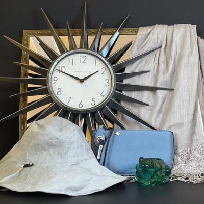 LOT 84: MCM Style Starburst Wall Clock, Glass Frog Votive Candle Holder, Joy Susan Wristlet Home Decor Wall Mirror, Women's...
