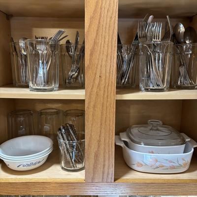 LOT 85: Vintage Corelle Blue Cornflower Soup/Cereal Bowls, Corning Ware Peach Floral Casserole Dishes, Oneida Flatware & More