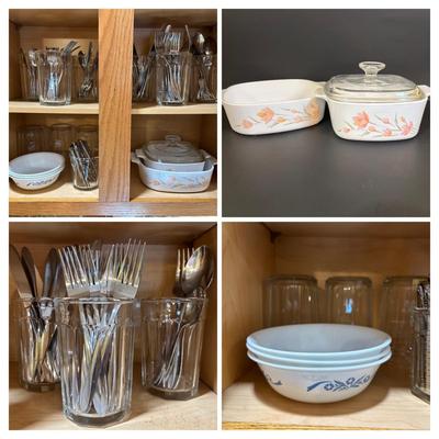 LOT 85: Vintage Corelle Blue Cornflower Soup/Cereal Bowls, Corning Ware Peach Floral Casserole Dishes, Oneida Flatware & More