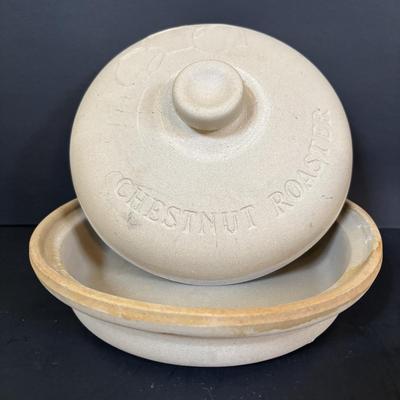 LOT 90: Vintage Polish Pottery Cheese Lady/Server, Vintage Sassafras Stoneware Chestnut Roaster along with a Mortar & Pestle