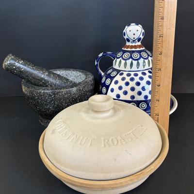 LOT 90: Vintage Polish Pottery Cheese Lady/Server, Vintage Sassafras Stoneware Chestnut Roaster along with a Mortar & Pestle