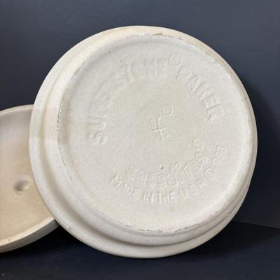 LOT 90: Vintage Polish Pottery Cheese Lady/Server, Vintage Sassafras Stoneware Chestnut Roaster along with a Mortar & Pestle