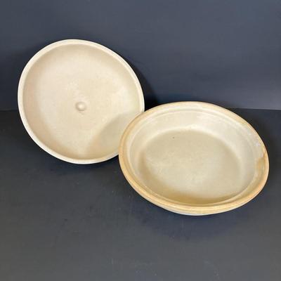 LOT 90: Vintage Polish Pottery Cheese Lady/Server, Vintage Sassafras Stoneware Chestnut Roaster along with a Mortar & Pestle