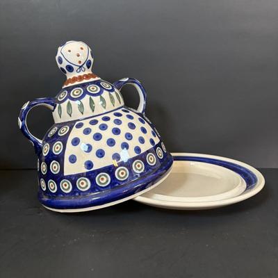 LOT 90: Vintage Polish Pottery Cheese Lady/Server, Vintage Sassafras Stoneware Chestnut Roaster along with a Mortar & Pestle