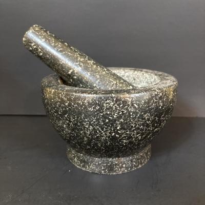 LOT 90: Vintage Polish Pottery Cheese Lady/Server, Vintage Sassafras Stoneware Chestnut Roaster along with a Mortar & Pestle