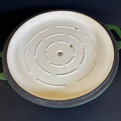 LOT 91: Tramontina 6.5qt. Cast Iron Enamel Dutch Oven, T-Fal Round Cast Iron Pan & Cast-Iron Bacon Press