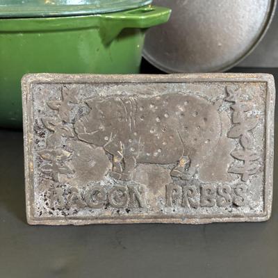 LOT 91: Tramontina 6.5qt. Cast Iron Enamel Dutch Oven, T-Fal Round Cast Iron Pan & Cast-Iron Bacon Press