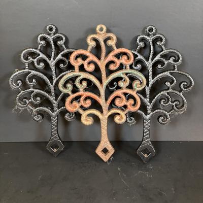 LOT 94: Vintage Family Tree Cast Iron Trivets, Vintage Black Cast Iron Footed T-15 Butterfly Trivet & a Green Enamel Old Dutch Design...