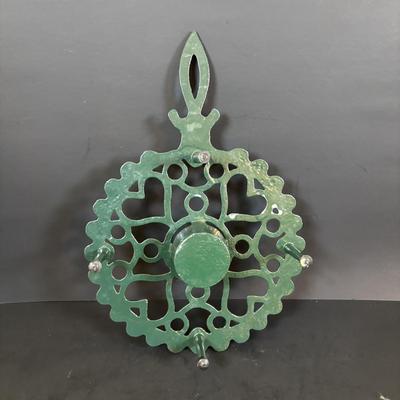 LOT 94: Vintage Family Tree Cast Iron Trivets, Vintage Black Cast Iron Footed T-15 Butterfly Trivet & a Green Enamel Old Dutch Design...