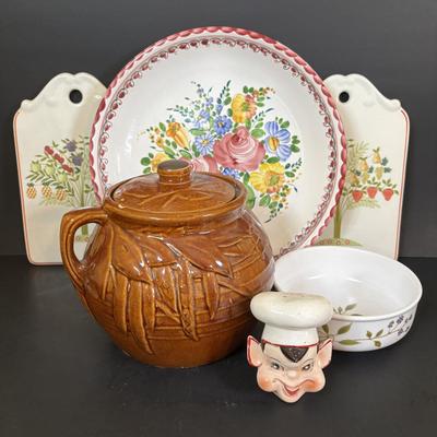 LOT 95: Vintage Mccoy Brown Glaze Bean Pot Cookie Jar, Pixie Elf Saltshaker, Villeroy & Boch Co Porcelain Cheese & Cracker Board...