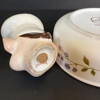 LOT 95: Vintage Mccoy Brown Glaze Bean Pot Cookie Jar, Pixie Elf Saltshaker, Villeroy & Boch Co Porcelain Cheese & Cracker Board...
