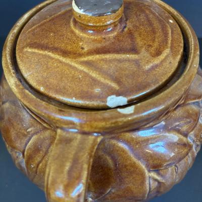 LOT 95: Vintage Mccoy Brown Glaze Bean Pot Cookie Jar, Pixie Elf Saltshaker, Villeroy & Boch Co Porcelain Cheese & Cracker Board...