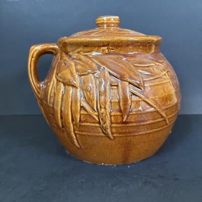 LOT 95: Vintage Mccoy Brown Glaze Bean Pot Cookie Jar, Pixie Elf Saltshaker, Villeroy & Boch Co Porcelain Cheese & Cracker Board...