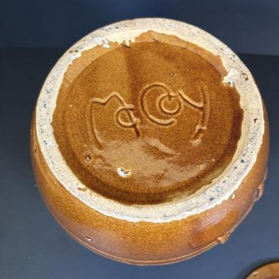 LOT 95: Vintage Mccoy Brown Glaze Bean Pot Cookie Jar, Pixie Elf Saltshaker, Villeroy & Boch Co Porcelain Cheese & Cracker Board...