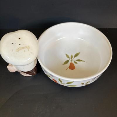 LOT 95: Vintage Mccoy Brown Glaze Bean Pot Cookie Jar, Pixie Elf Saltshaker, Villeroy & Boch Co Porcelain Cheese & Cracker Board...