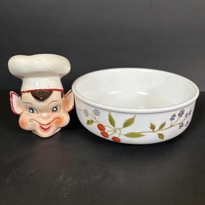 LOT 95: Vintage Mccoy Brown Glaze Bean Pot Cookie Jar, Pixie Elf Saltshaker, Villeroy & Boch Co Porcelain Cheese & Cracker Board...