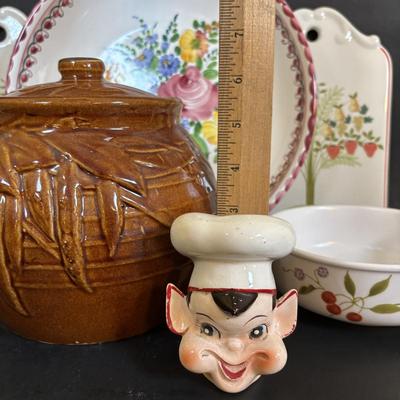 LOT 95: Vintage Mccoy Brown Glaze Bean Pot Cookie Jar, Pixie Elf Saltshaker, Villeroy & Boch Co Porcelain Cheese & Cracker Board...