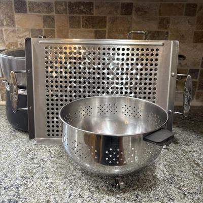 LOT 99: Kitchen Cabinet Find: Pots & Pans: All-Clad along with Green Pan