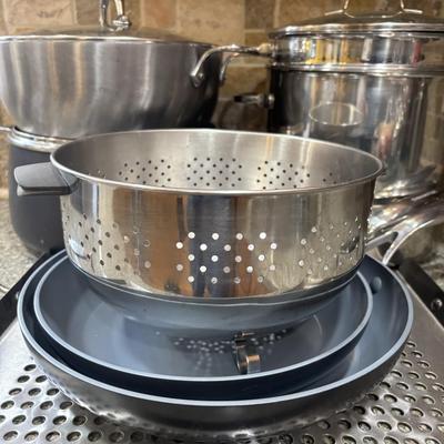 LOT 99: Kitchen Cabinet Find: Pots & Pans: All-Clad along with Green Pan