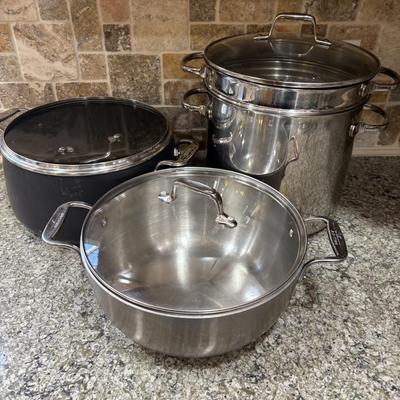 LOT 99: Kitchen Cabinet Find: Pots & Pans: All-Clad along with Green Pan