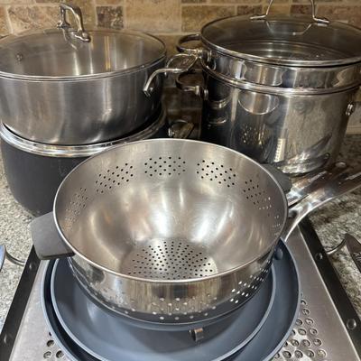LOT 99: Kitchen Cabinet Find: Pots & Pans: All-Clad along with Green Pan