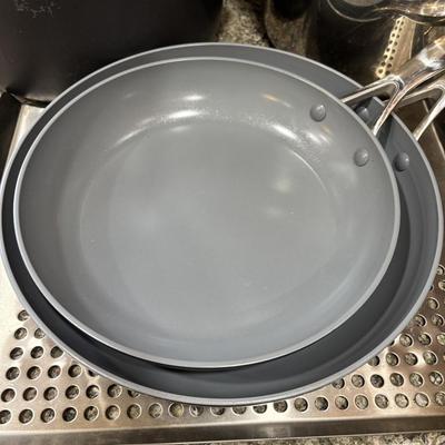 LOT 99: Kitchen Cabinet Find: Pots & Pans: All-Clad along with Green Pan