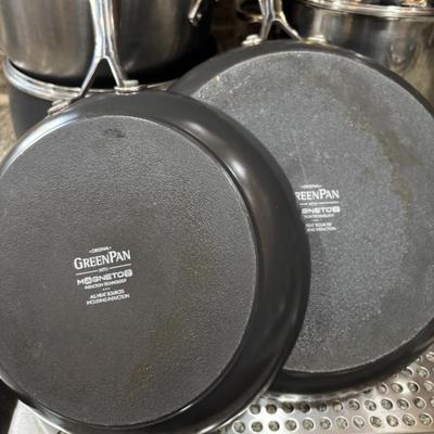 LOT 99: Kitchen Cabinet Find: Pots & Pans: All-Clad along with Green Pan