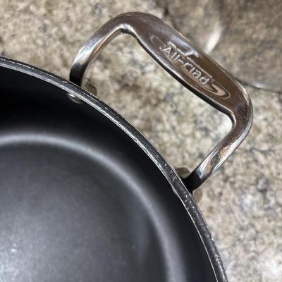LOT 99: Kitchen Cabinet Find: Pots & Pans: All-Clad along with Green Pan