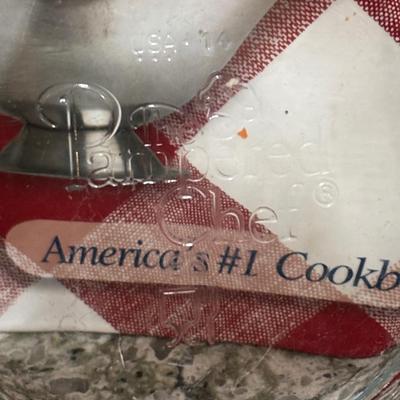 LOT 100: Kitchen Cabinet Finds: Baking Pans, Pampered Chef Glass Mixing Pitcher, Braun Turbo Handheld Mixer, All-Clad Measuring Cups...