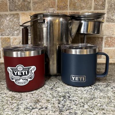 LOT 101: Large Wooden Bowl (21" x 11"), Yeti Mugs & Can Holders, All-Clad, Grill Basket, Cheese Board, Peculator Coffee Pot