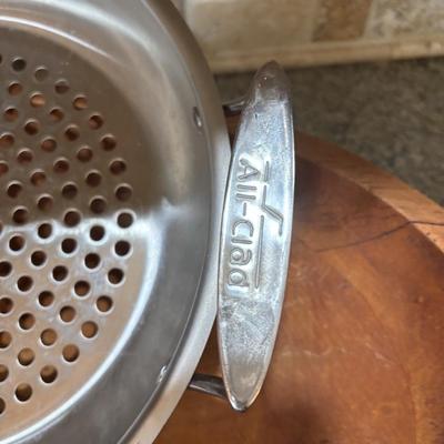 LOT 101: Large Wooden Bowl (21" x 11"), Yeti Mugs & Can Holders, All-Clad, Grill Basket, Cheese Board, Peculator Coffee Pot