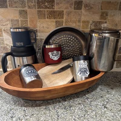 LOT 101: Large Wooden Bowl (21" x 11"), Yeti Mugs & Can Holders, All-Clad, Grill Basket, Cheese Board, Peculator Coffee Pot