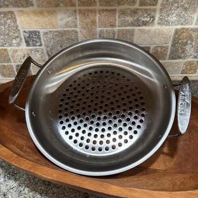 LOT 101: Large Wooden Bowl (21" x 11"), Yeti Mugs & Can Holders, All-Clad, Grill Basket, Cheese Board, Peculator Coffee Pot