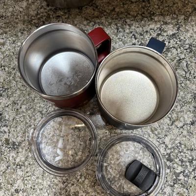 LOT 101: Large Wooden Bowl (21" x 11"), Yeti Mugs & Can Holders, All-Clad, Grill Basket, Cheese Board, Peculator Coffee Pot