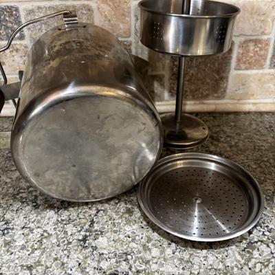 LOT 101: Large Wooden Bowl (21" x 11"), Yeti Mugs & Can Holders, All-Clad, Grill Basket, Cheese Board, Peculator Coffee Pot