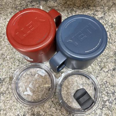 LOT 101: Large Wooden Bowl (21" x 11"), Yeti Mugs & Can Holders, All-Clad, Grill Basket, Cheese Board, Peculator Coffee Pot