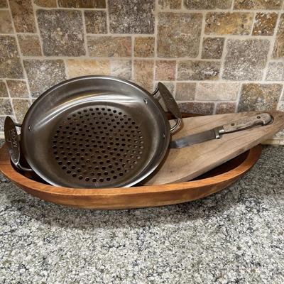 LOT 101: Large Wooden Bowl (21" x 11"), Yeti Mugs & Can Holders, All-Clad, Grill Basket, Cheese Board, Peculator Coffee Pot