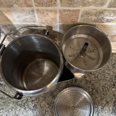 LOT 101: Large Wooden Bowl (21" x 11"), Yeti Mugs & Can Holders, All-Clad, Grill Basket, Cheese Board, Peculator Coffee Pot