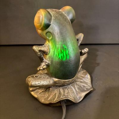 LOT 109: Amber Glass Frog Accent Lamp, Wooden Frog Guiro Percussion Instrument & Picture Frame