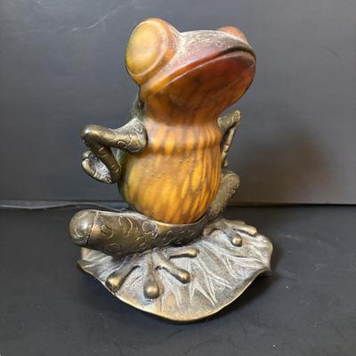 LOT 109: Amber Glass Frog Accent Lamp, Wooden Frog Guiro Percussion Instrument & Picture Frame
