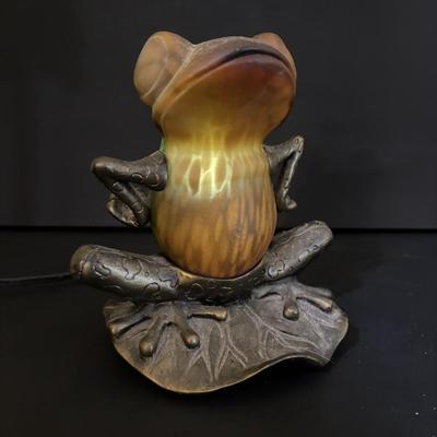LOT 109: Amber Glass Frog Accent Lamp, Wooden Frog Guiro Percussion Instrument & Picture Frame