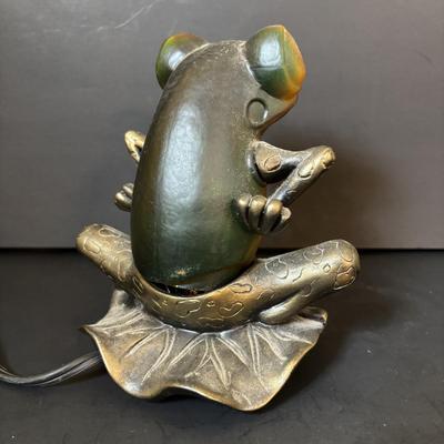 LOT 109: Amber Glass Frog Accent Lamp, Wooden Frog Guiro Percussion Instrument & Picture Frame