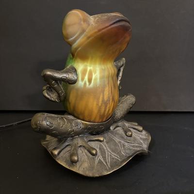 LOT 109: Amber Glass Frog Accent Lamp, Wooden Frog Guiro Percussion Instrument & Picture Frame