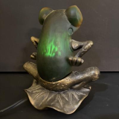 LOT 109: Amber Glass Frog Accent Lamp, Wooden Frog Guiro Percussion Instrument & Picture Frame
