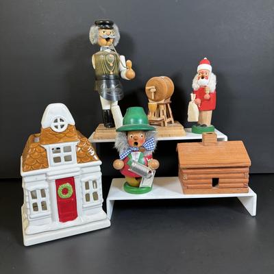 LOT 110: Collection of 3 Traditional German Incense Smokers, Log Cabin Incense Burner & Slatkin & Co. Holiday House Lumiary